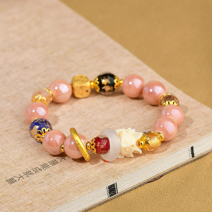 BWOOOH Tibetan Incense Ash Liuli Glass Bead Luck Protection Nine Tailed Fox Bracelet