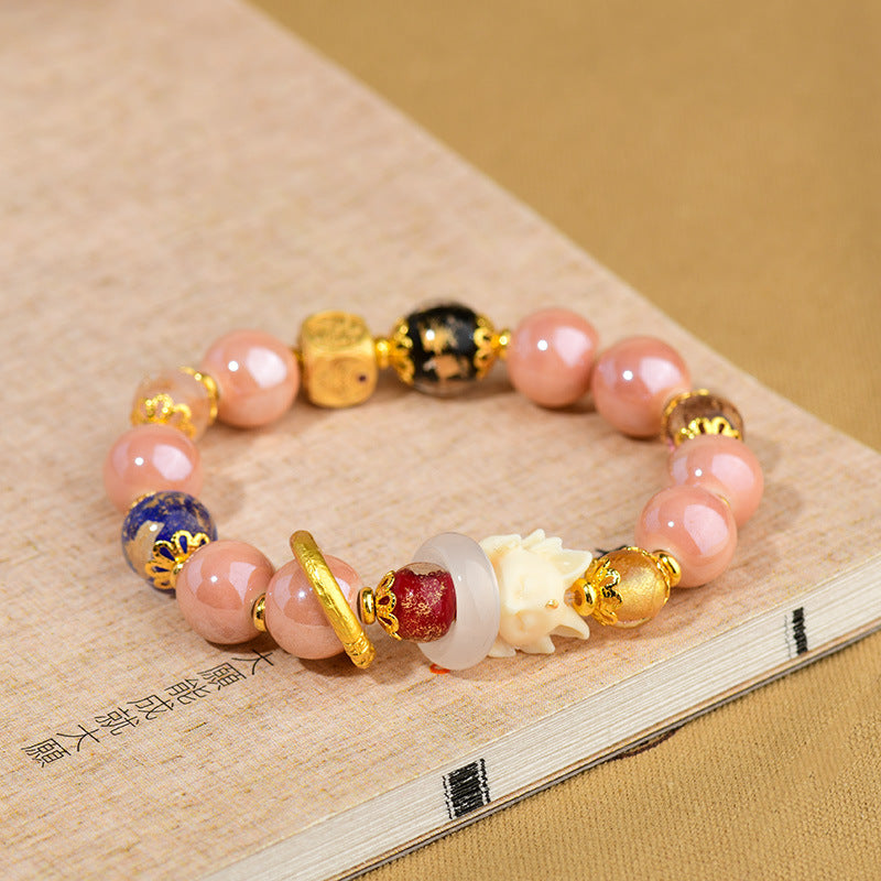 BWOOOH Tibetan Incense Ash Liuli Glass Bead Luck Protection Nine Tailed Fox Bracelet