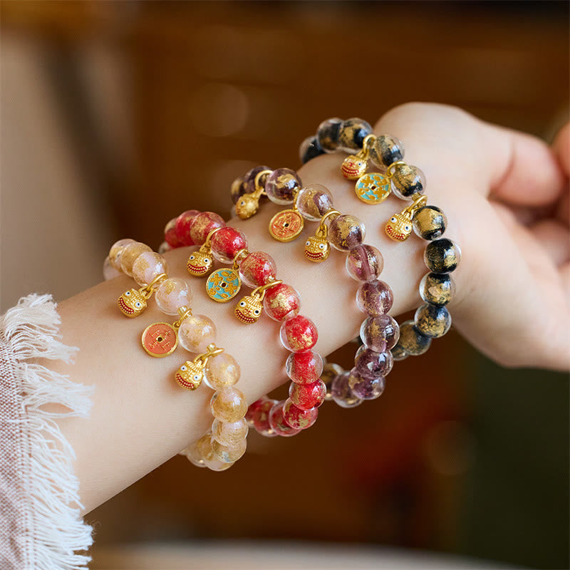 BWOOOH Gold Swallowing Beast Copper Coin Good Luck Charm Liuli Glass Bead Fortune Bracelet