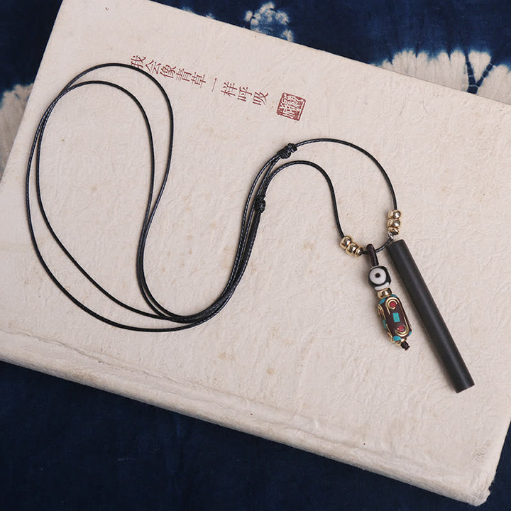 BWOOOH Tibetan Ebony Wood Dzi Bead Peace Calm Necklace Pendant