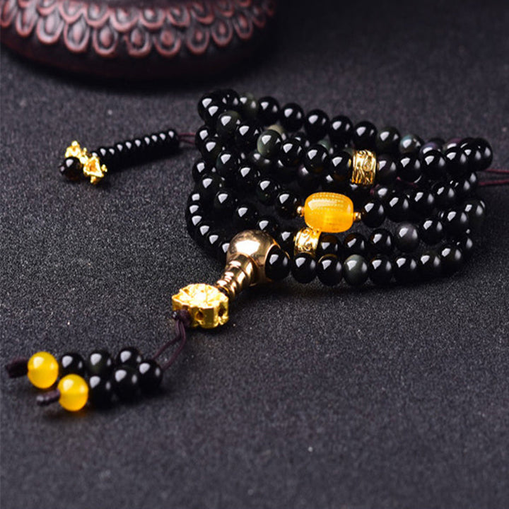 BWOOOH 108 Beads Natural Black Obsidian Lotus Fulfilment Mala Bracelet