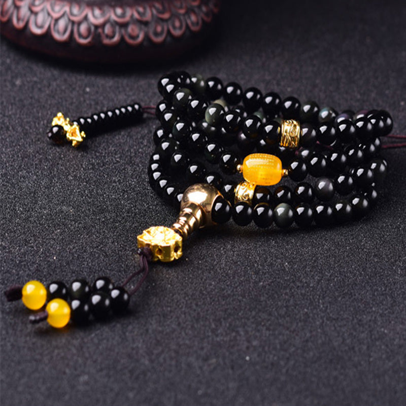 BWOOOH 108 Beads Natural Black Obsidian Lotus Fulfilment Mala Bracelet