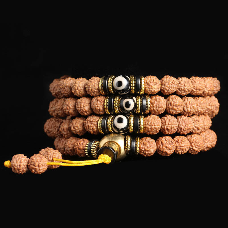 BWOOOH 108 Mala Beads Rudraksha Bodhi Seed Dzi Bead Luck Wealth Bracelet