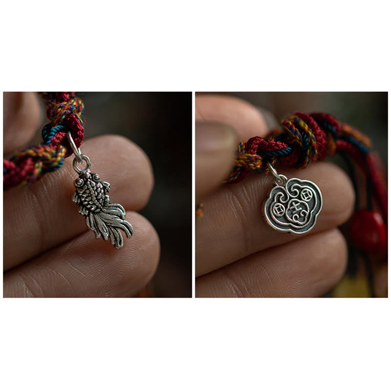 BWOOOH Tibetan Handmade Colorful Thread 925 Sterling Silver Koi Fish Protection Strength String Bracelet
