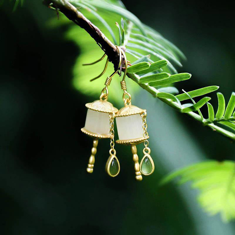 BWOOOH 925 Sterling Silver Jade Prayer Wheel Luck Drop Earrings