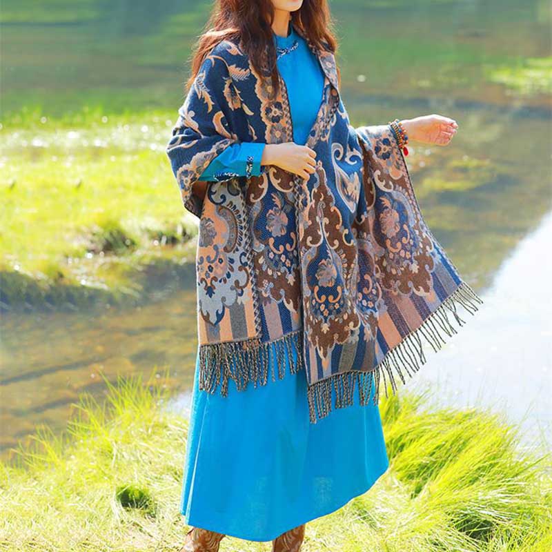 BWOOOH Tibetan Flowers Leaves Branch Design Tassel Shawl 