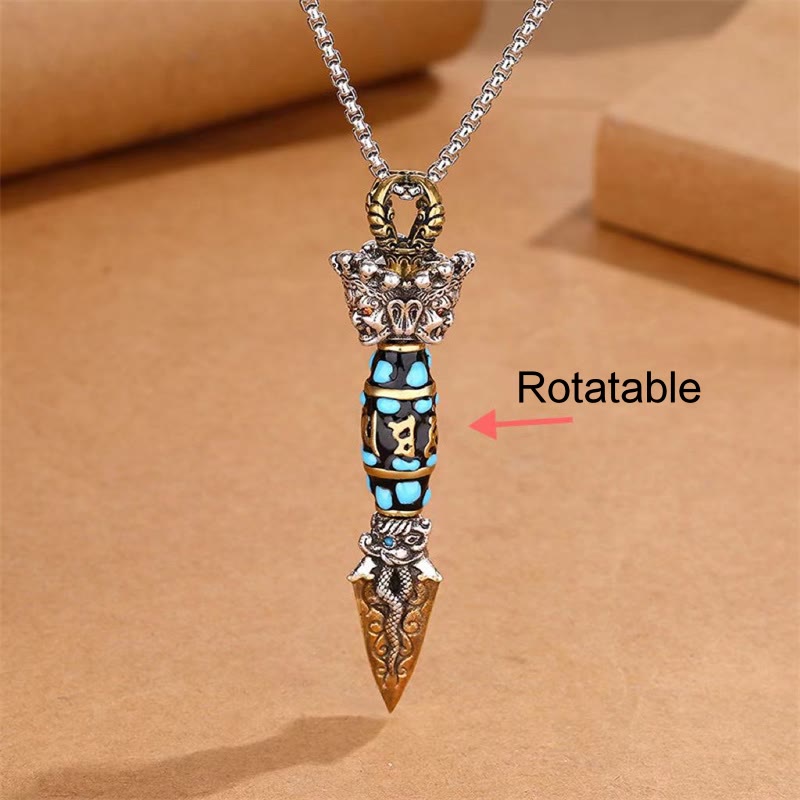 BWOOOH Tibet Om Mani Padme Hum Dzi Bead Dorje Vajra Pattern Wealth Rotatable Necklace Pendant