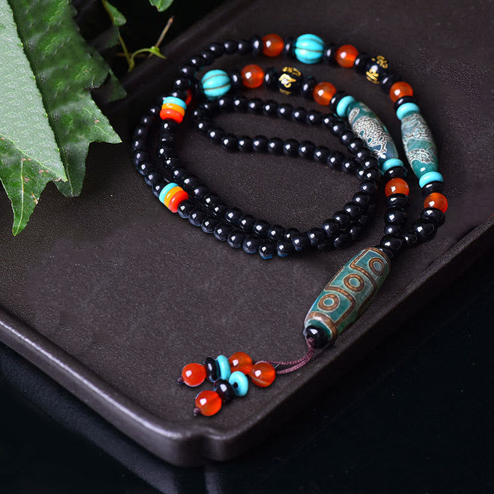 BWOOOH Tibetan Nine-Eye Dzi Bead Dragon Pattern Om Mani Padme Hum Protection Necklace Pendant
