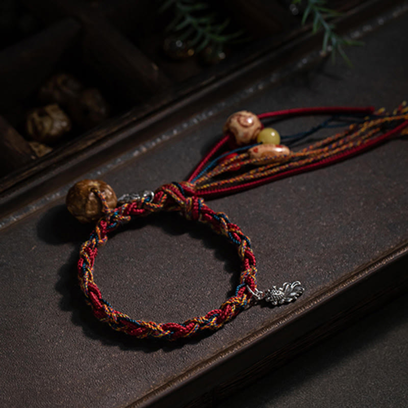 BWOOOH Tibetan Handmade Colorful Thread 925 Sterling Silver Koi Fish Protection Strength String Bracelet