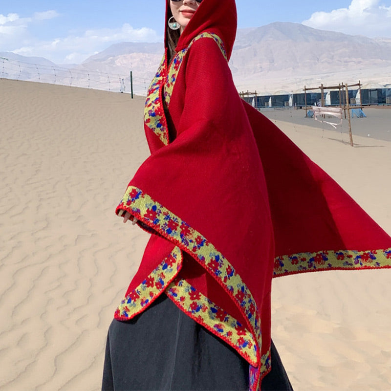 BWOOOH Tibetan Shawl Border Small Floral Flower Hooded Cl