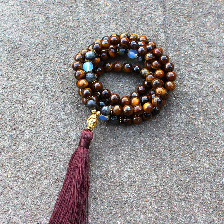 BWOOOH Tibetan Tiger Eye Buddha Strength Power Beaded Tassel Pendant Necklace