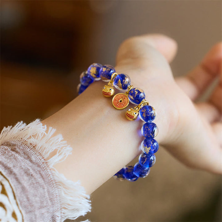 BWOOOH Gold Swallowing Beast Copper Coin Good Luck Charm Liuli Glass Bead Fortune Bracelet