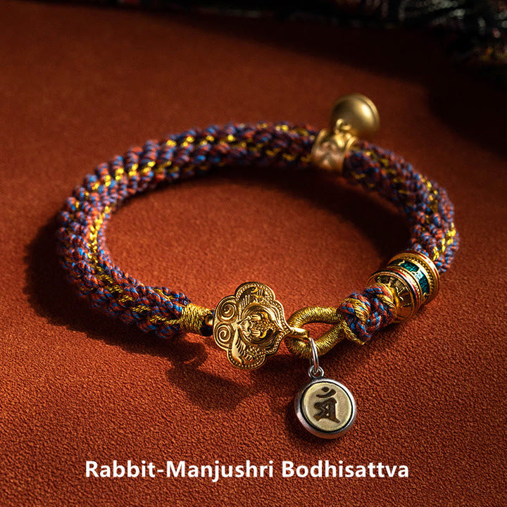 BWOOOH 925 Sterling Silver Chinese Zodiac Natal Buddha Om Mani Padme Hum Luck Bell Braided String Bracelet