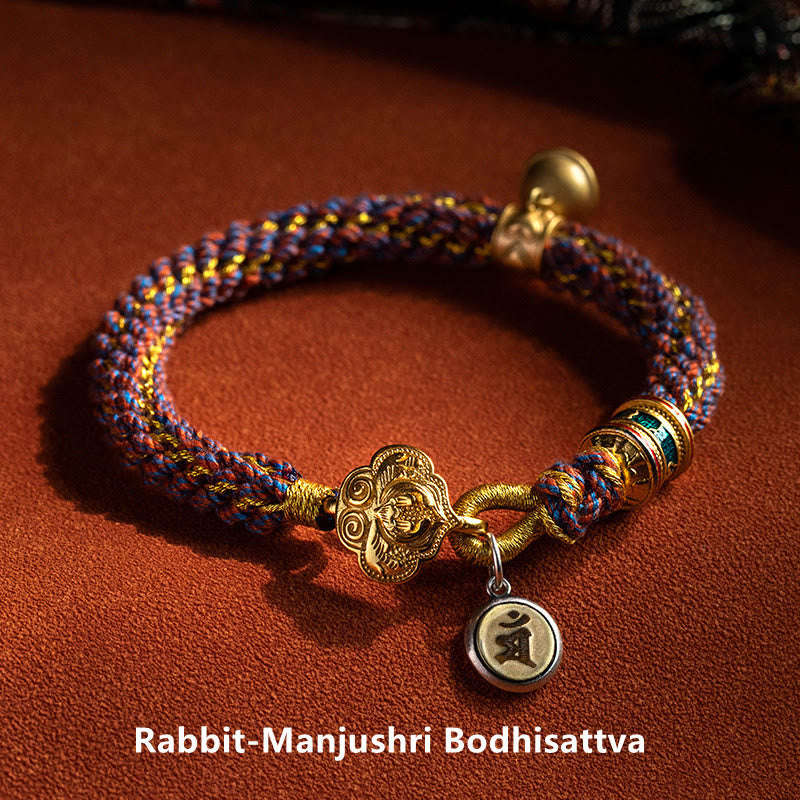 BWOOOH 925 Sterling Silver Chinese Zodiac Natal Buddha Om Mani Padme Hum Luck Bell Braided String Bracelet