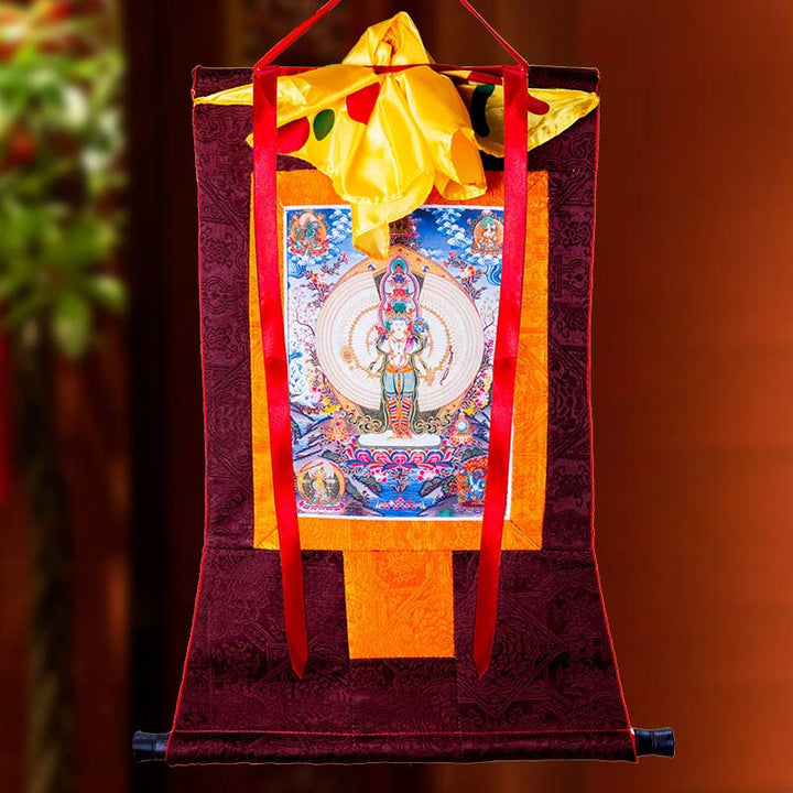 BWOOOH Tibetan Thousand-handed Avalokitesvara Framed Thangka Blessing Decoration | natural stone spiritual home decor