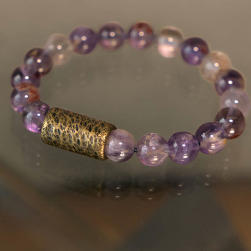 BWOOOH White Crystal Red Hematoid Quartz Gold Rutilated Quartz Purple Phantom Protection Bracelet