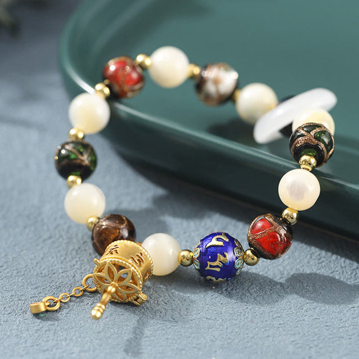 BWOOOH Tibetan Incense Ash Liuli Glass Tridacna Stone Sun Stone Om Mani Padme Hum Prayer Wheel Charm Bracelet