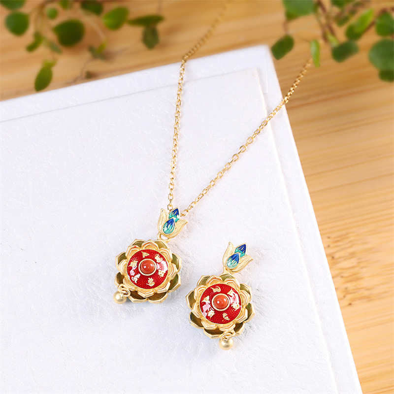 BWOOOH 925 Sterling Silver Tibet Lotus Prayer Wheel Red Agate Enlightenment Necklace Pendant