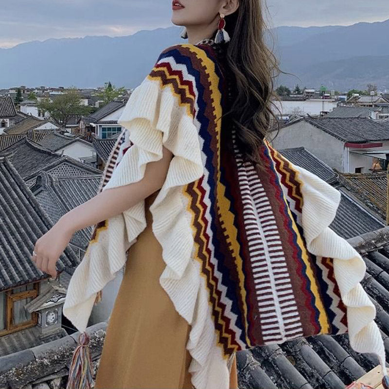 BWOOOH Tibetan Shawl Colorful Striped Wavy Line Tassels W