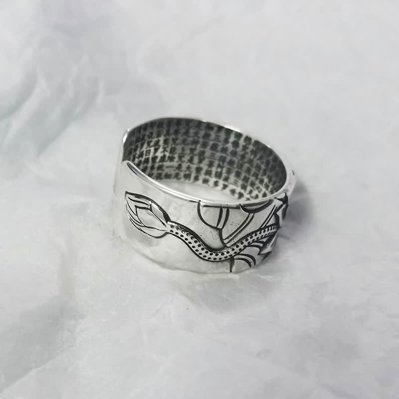 BWOOOH 999 Sterling Silver Lotus Symbol Heart Sutra Protection Ring
