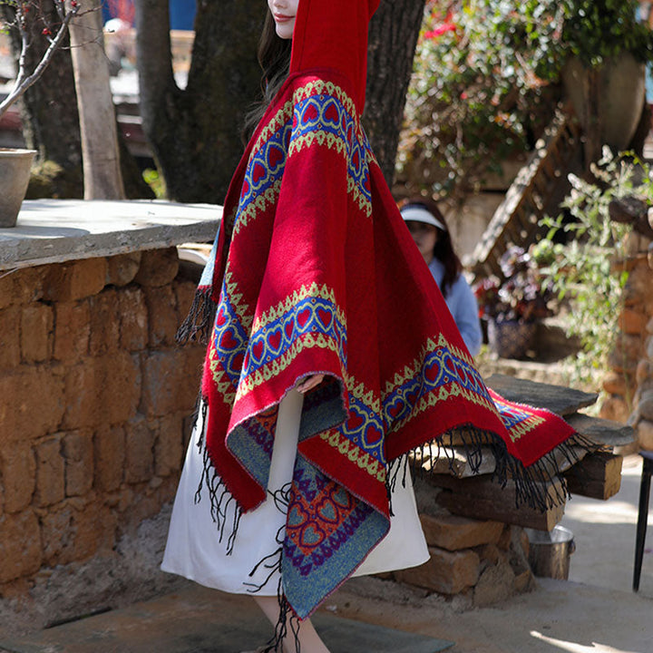 BWOOOH Tibetan Shawl Red Love Heart Tassel Hooded Cloak W
