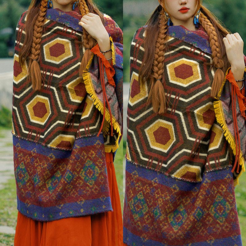 BWOOOH Tibetan Shawl Brown Blue Red Geometric Shapes Patt