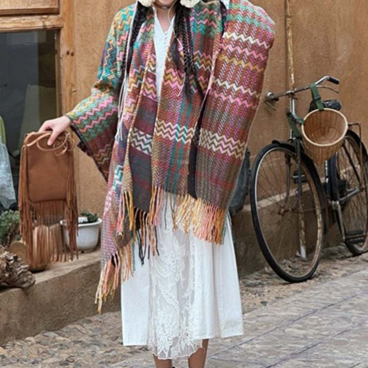 BWOOOH Tibetan Shawl Colorful Wavy Striped Shapes Tassels
