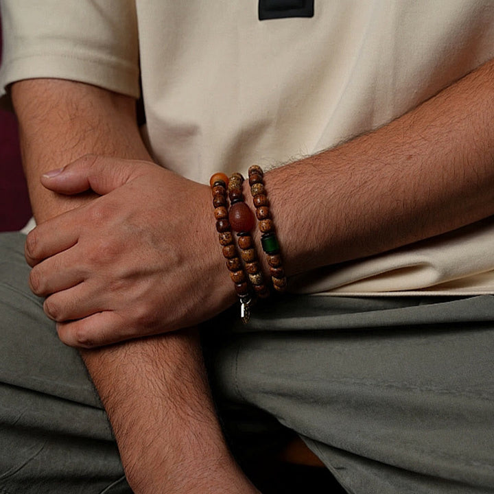 BWOOOH Tibetan Bodhi Seed Amber Dzi Bead Agate Zakiram Goddess of Wealth Beads Triple Wrap Bracelet