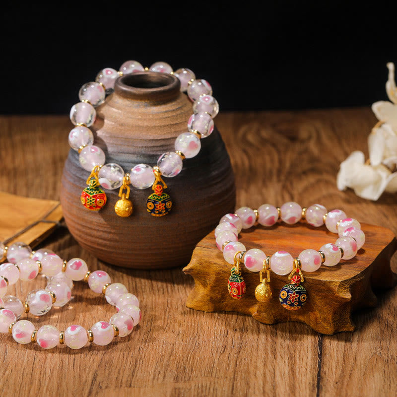 BWOOOH Gold Swallowing Beast Family Charm Luminous Pink Love Heart Fluorescent Liuli Glass Bead Blessings Bracelet