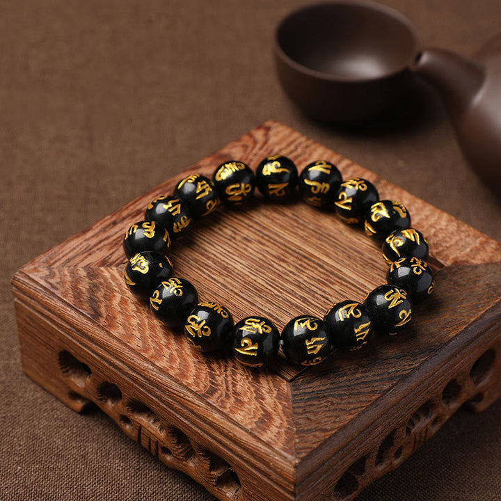 BWOOOH Tibet White Crystal Black Onyx Om Mani Padme Hum Meditation Bracelet