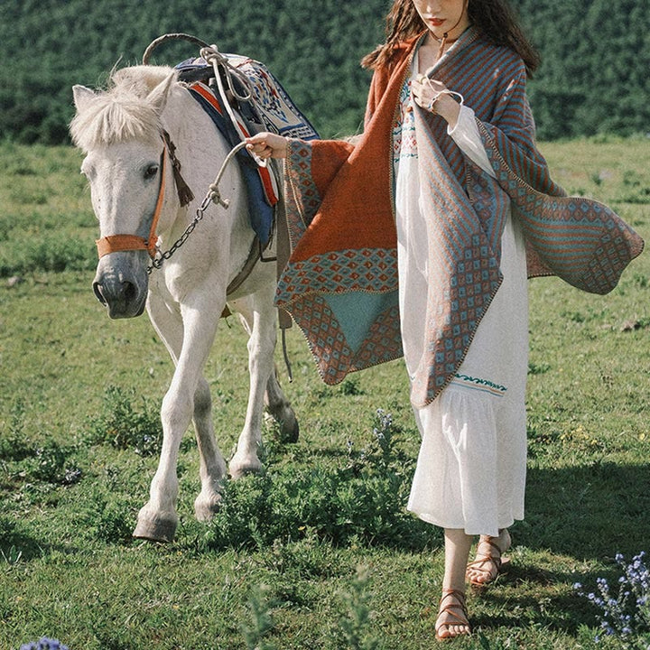BWOOOH Tibetan Shawl Striped Diamond Pattern Winter Warm 