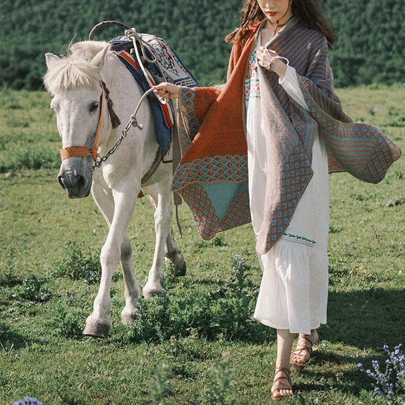 BWOOOH Tibetan Shawl Striped Diamond Pattern Winter Warm 