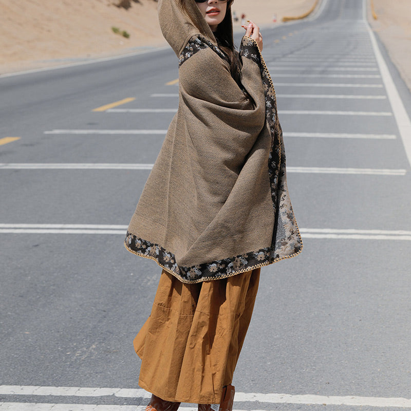 BWOOOH Tibetan Shawl Border Small Floral Flower Hooded Cl