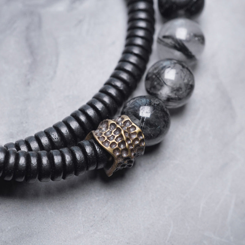 BWOOOH Black Rutilated Quartz Ebony Wood Copper Wisdom Couple Bracelet