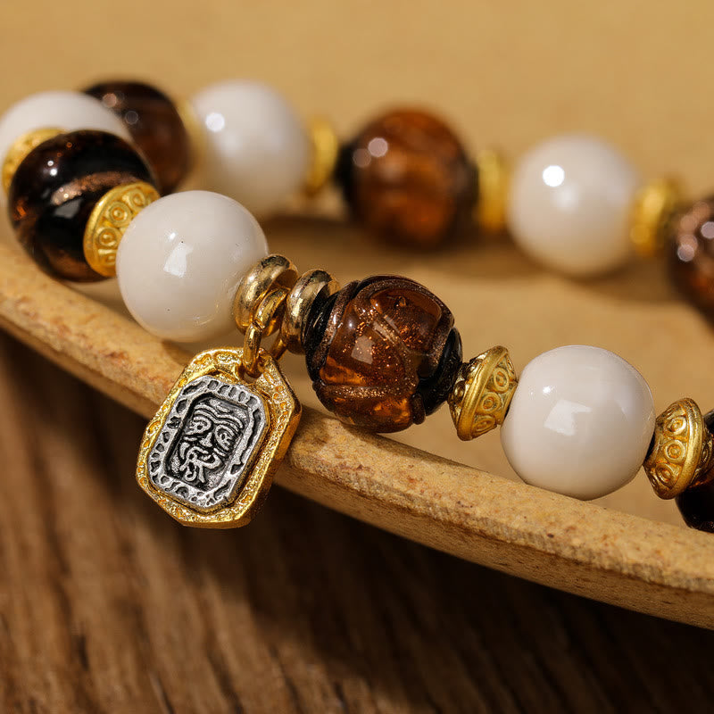 BWOOOH Tibetan Zakiram Goddess of Wealth Charm Liuli Glass Incense Ash Porcelain Bead Protection Bracelet
