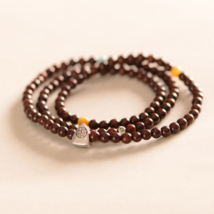 BWOOOH 925 Sterling Silver Indian Small Leaf Red Sandalwood Fu Character Protection Triple Wrap Bracelet