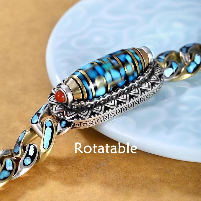 BWOOOH Tibetan Nine-Eye Dzi Bead Om Mani Padme Hum Turquoise Protection Rotatable Bracelet
