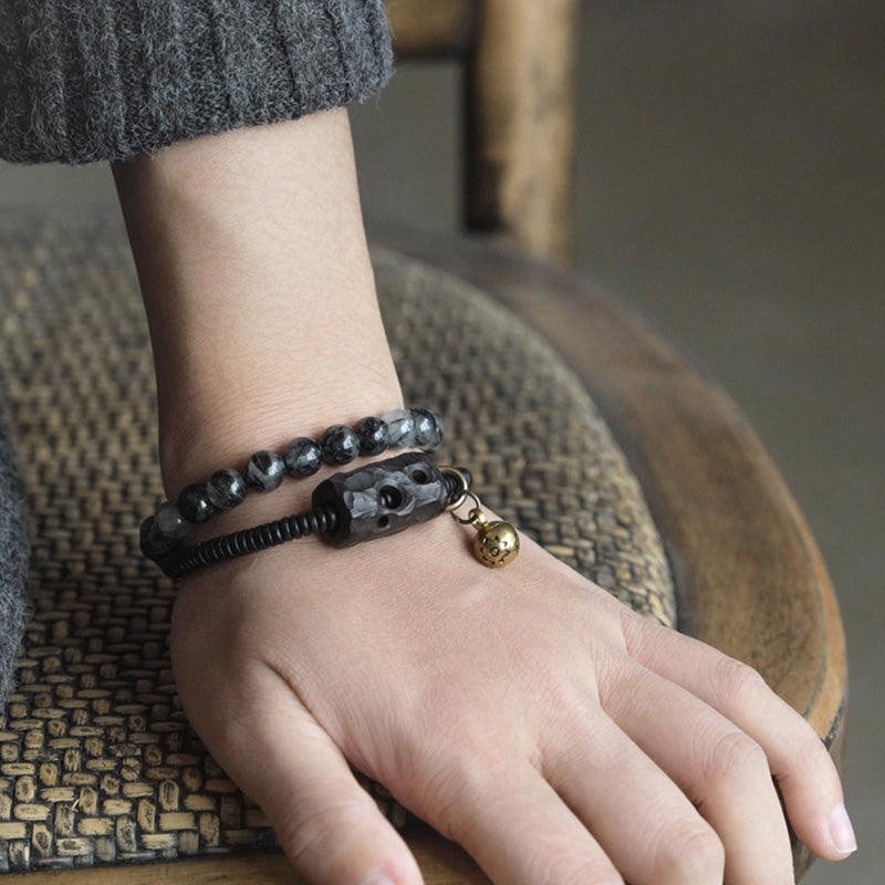 BWOOOH Black Rutilated Quartz Ebony Wood Copper Wisdom Couple Bracelet