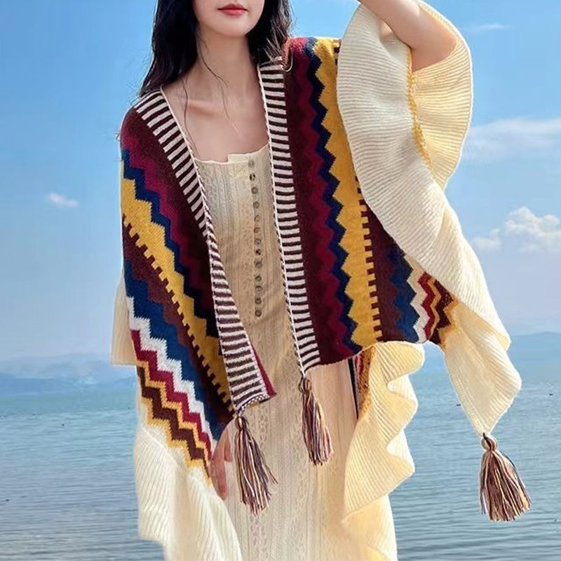BWOOOH Tibetan Shawl Colorful Striped Wavy Line Tassels W