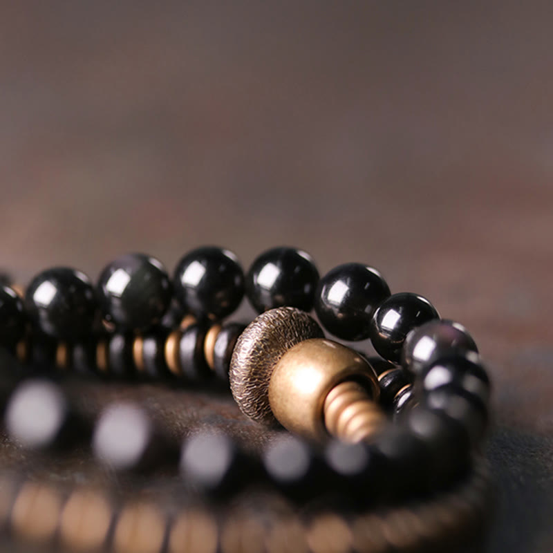 BWOOOH Rainbow Obsidian Ebony Wood Copper Healing Triple Wrap Bracelet