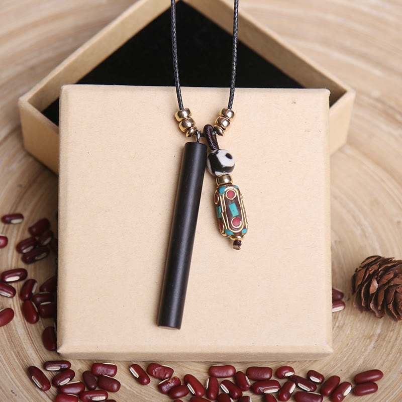 BWOOOH Tibetan ebony wood Dzi bead peace calm necklace pendant on 60cm chain