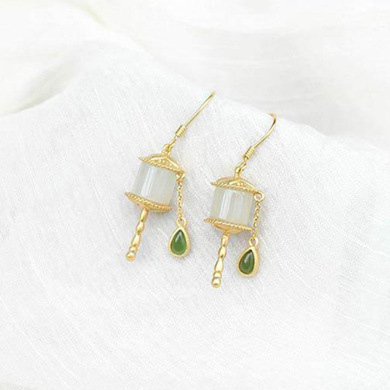 BWOOOH 925 Sterling Silver Jade Prayer Wheel Luck Drop Earrings