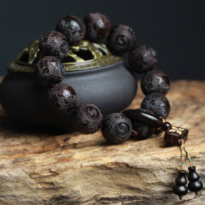 BWOOOH Ebony Wood Chinese Character Yin Yang Engraved Gourd Balance Bracelet
