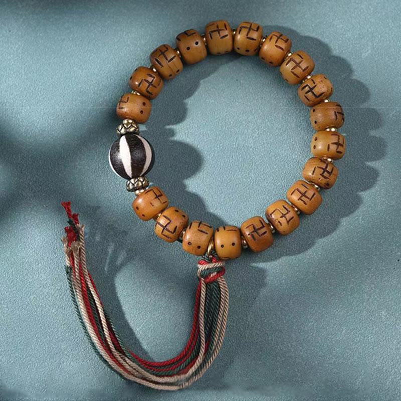 BWOOOH Natural Tibetan Camel Bone Swastika Dzi Bead Shankha Buddha Charm Kirtimukha Luck Protection Tassel Bracelet