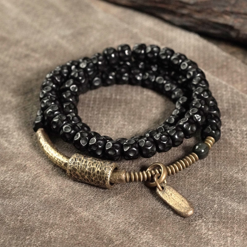 BWOOOH Retro Coconut Shell Brass Copper Happiness Triple Wrap Bracelet