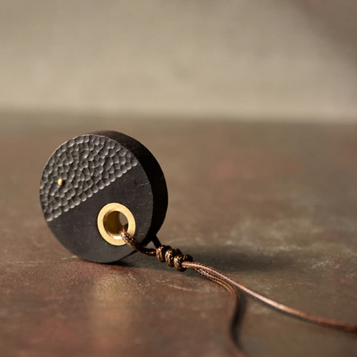 BWOOOH Handcrafted Round Ebony Wood Brass Copper Peace Necklace Pendant