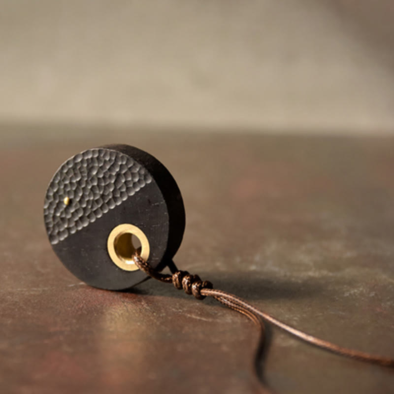 BWOOOH Handcrafted Round Ebony Wood Brass Copper Peace Necklace Pendant
