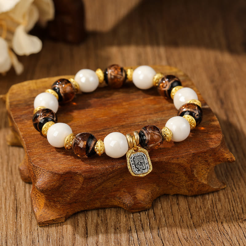 BWOOOH Tibetan Zakiram Goddess of Wealth Charm Liuli Glass Incense Ash Porcelain Bead Protection Bracelet