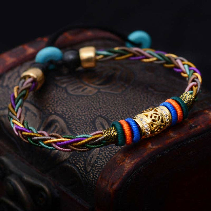BWOOOH Tibetan Handmade Eight Thread Knot Copper Coin Luck Weave String Bracelet
