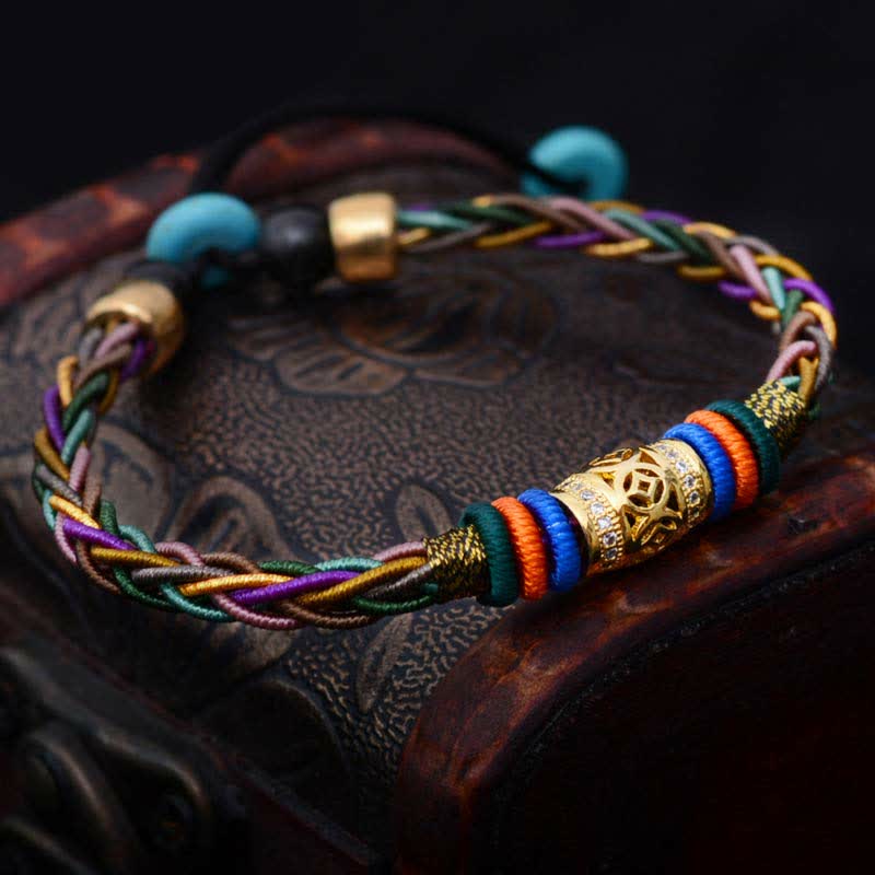 BWOOOH Tibetan Handmade Eight Thread Knot Copper Coin Luck Weave String Bracelet